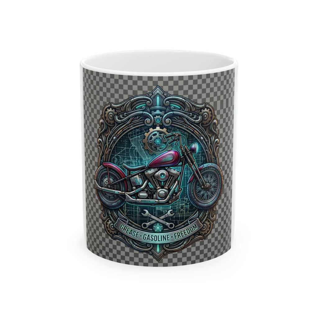 Motorcycle Emblem Ceramic Mug — “Fuel, Gasoline, Freedom” Vintage Biker Coffee Cup (11oz/15oz)