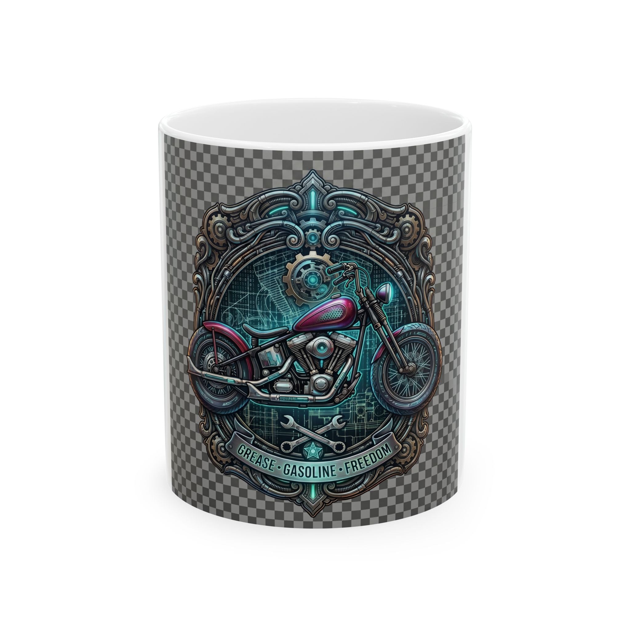 Motorcycle Emblem Ceramic Mug — “Fuel, Gasoline, Freedom” Vintage Biker Coffee Cup (11oz/15oz)