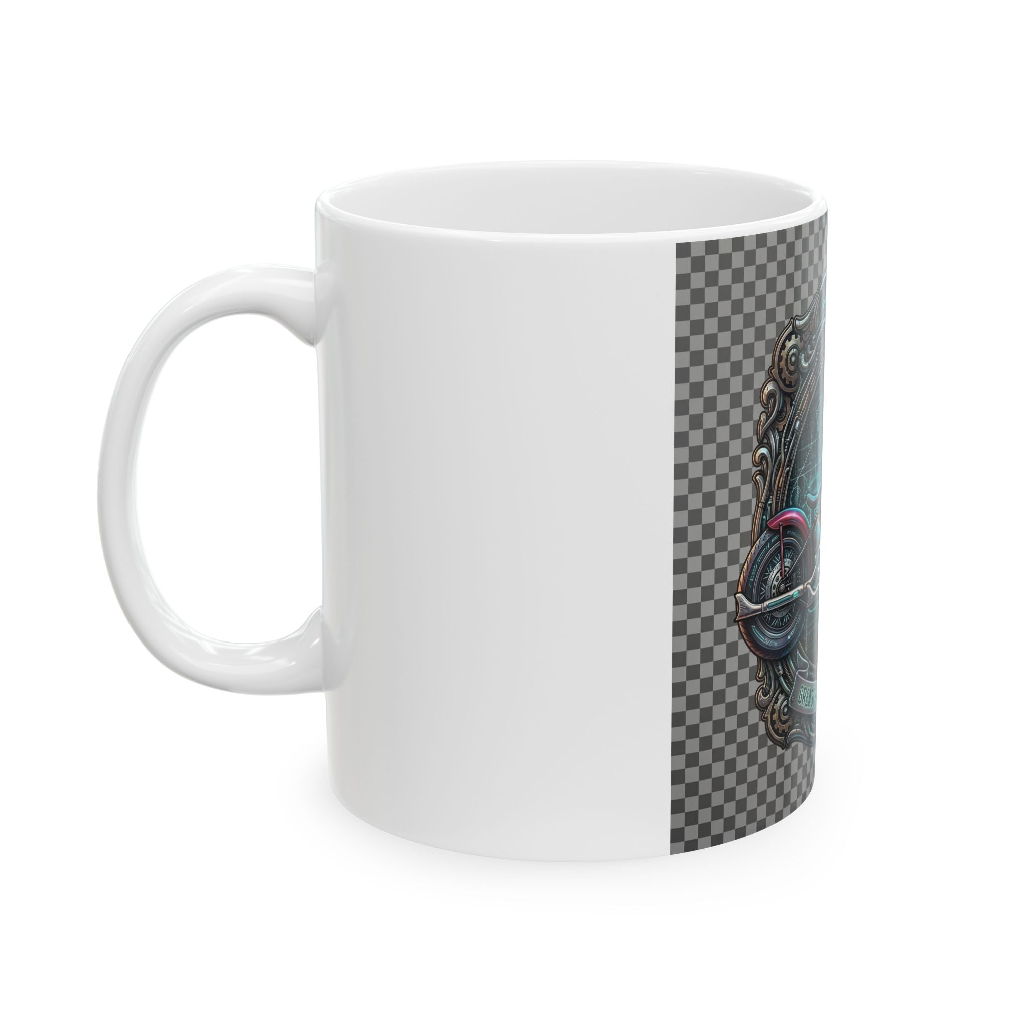 Motorcycle Emblem Ceramic Mug — “Fuel, Gasoline, Freedom” Vintage Biker Coffee Cup (11oz/15oz)