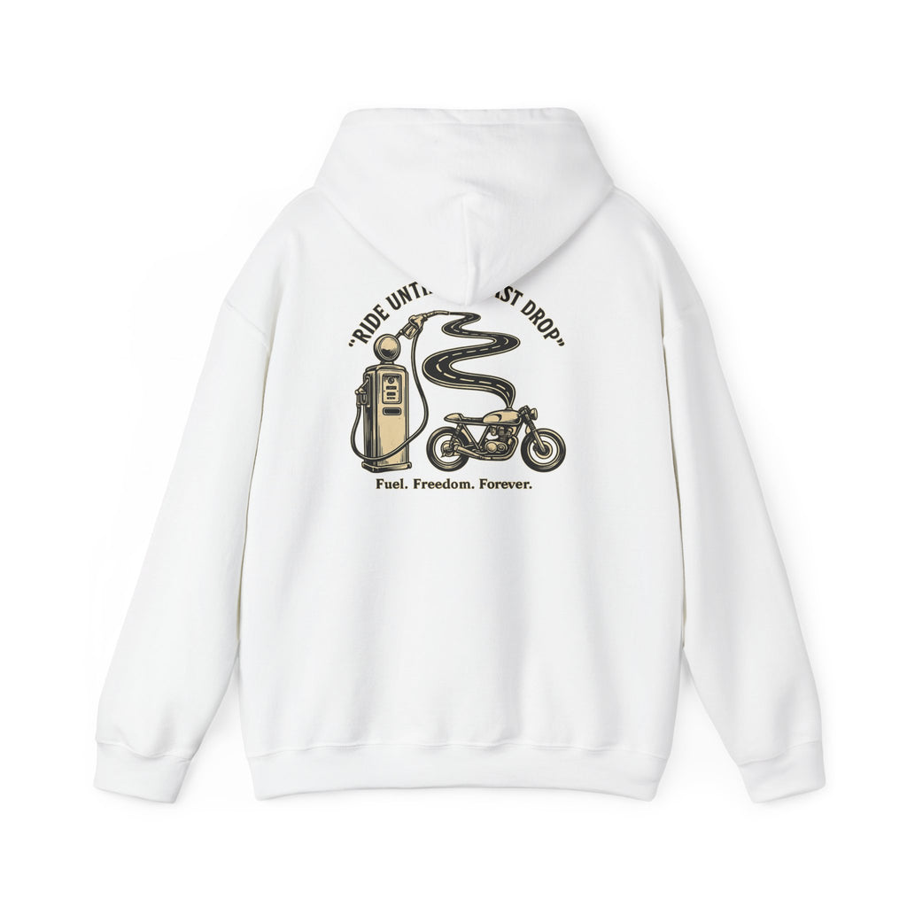 Motorcycle Hoodie — "Pride Until The Last Drop" Vintage Gas Pump & Bike Graphic