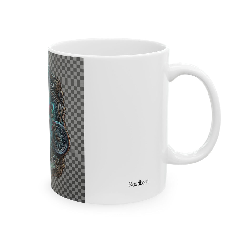 Motorcycle Emblem Ceramic Mug — “Fuel, Gasoline, Freedom” Vintage Biker Coffee Cup (11oz/15oz)