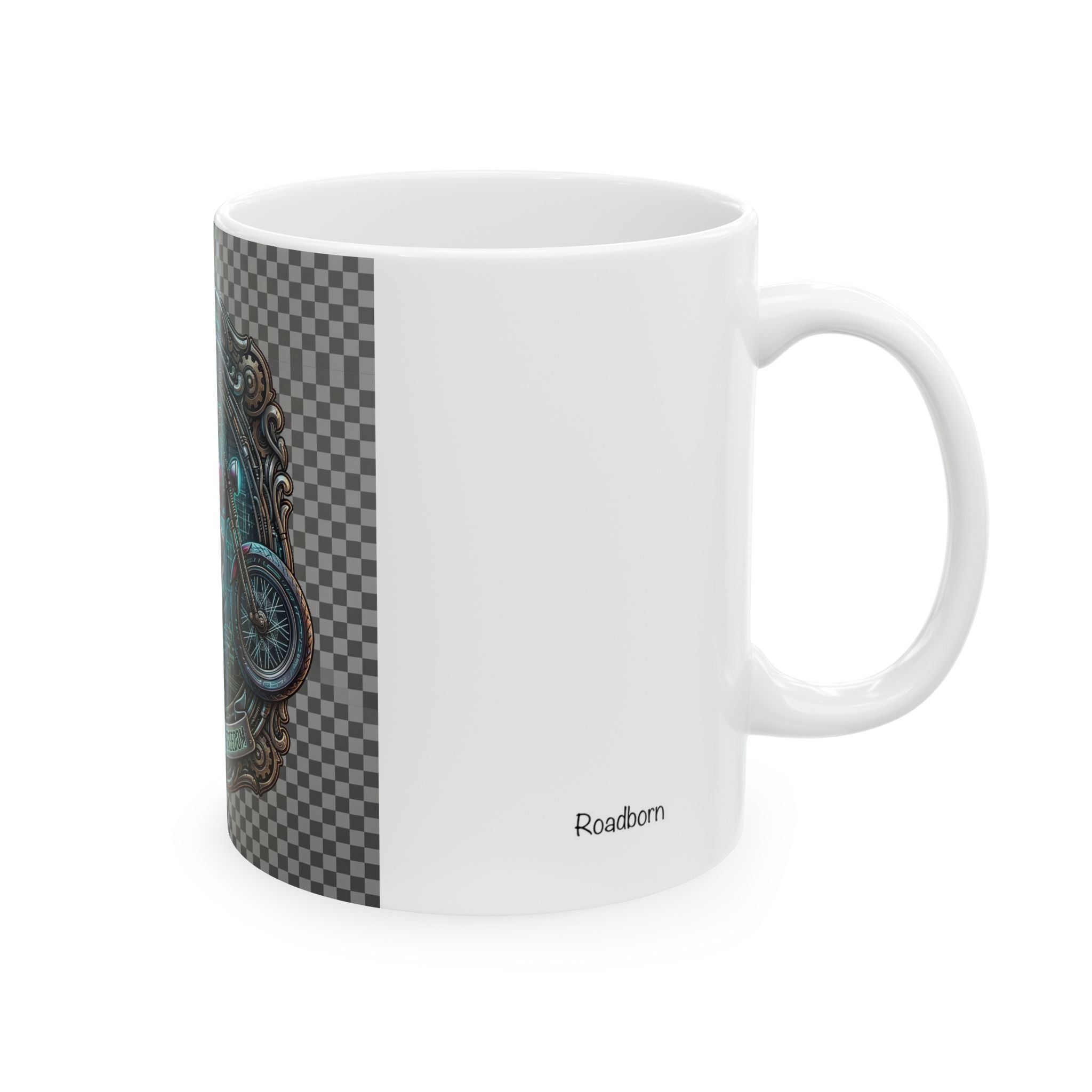 Motorcycle Emblem Ceramic Mug — “Fuel, Gasoline, Freedom” Vintage Biker Coffee Cup (11oz/15oz)